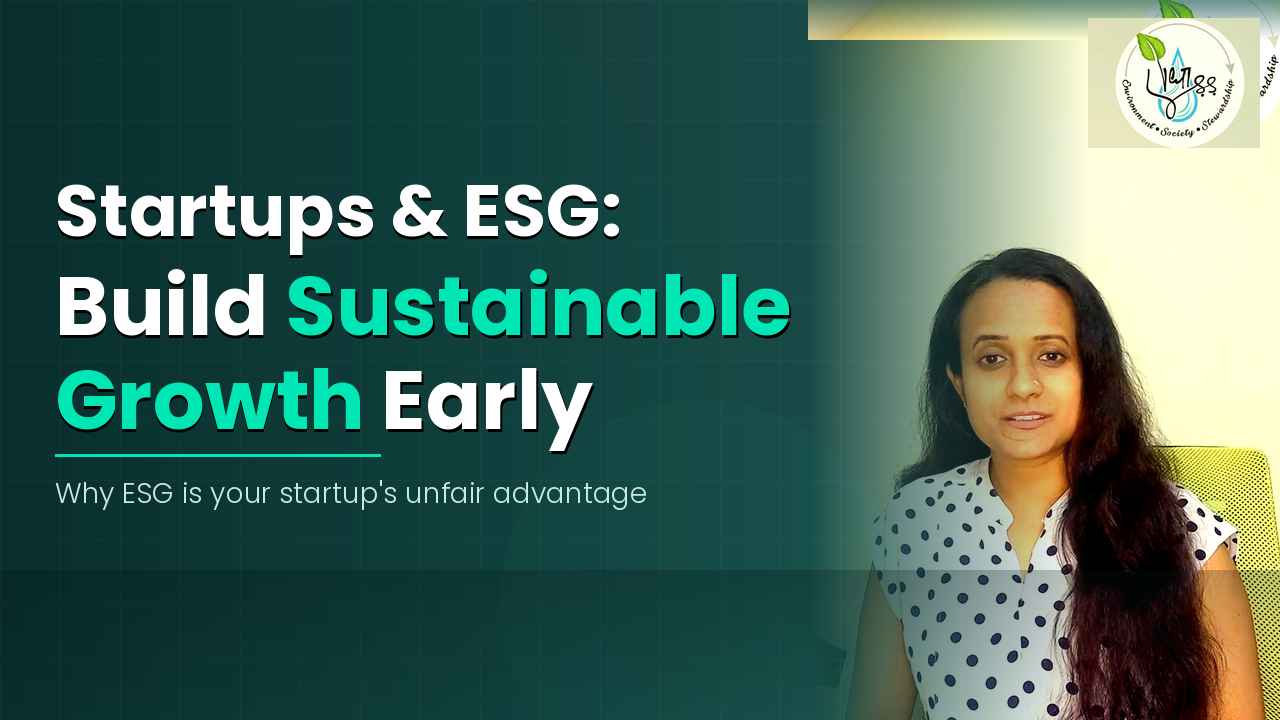 Founder discussing how startups can integrate ESG early, with on-screen text “Startups & ESG: Build Sustainable Growth Early' in a modern workspace setting.