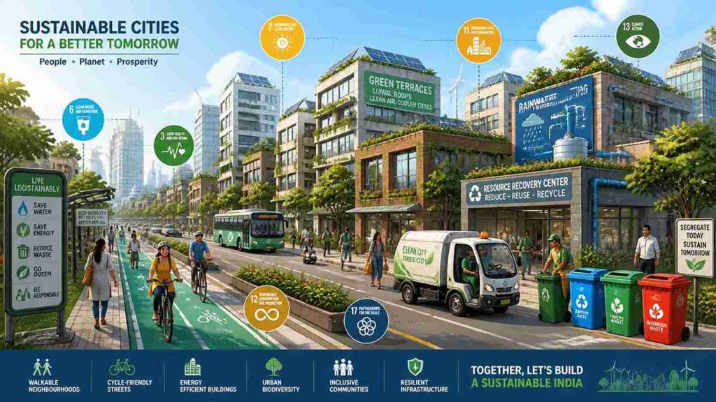 Indian sustainable city illustration showing solar panels, green rooftops, and waste management infrastructure in an urban setting with SDG icons